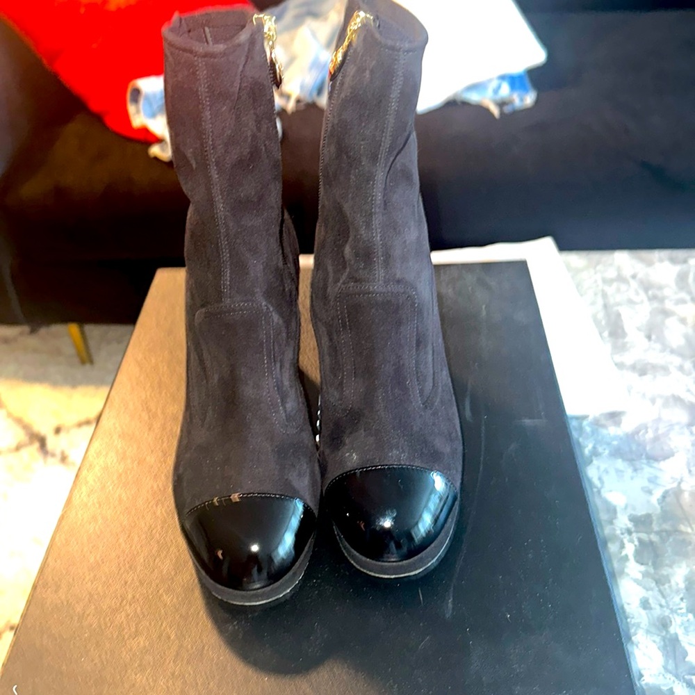 AUTHENTIC CHANEL BLACK SUEDE BOOTIES WITH PATENT TOE